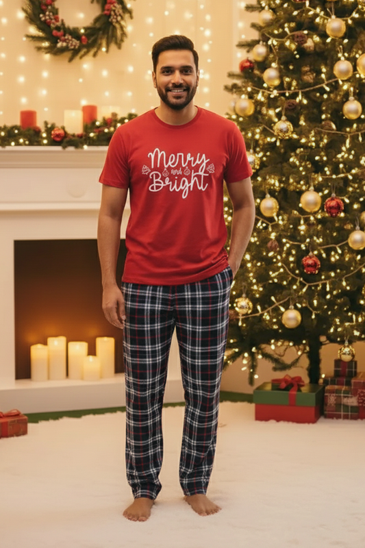MERRY & BRIGHT MEN’S COTTON CHRISTMAS SHORT SLEEVE PANT SET