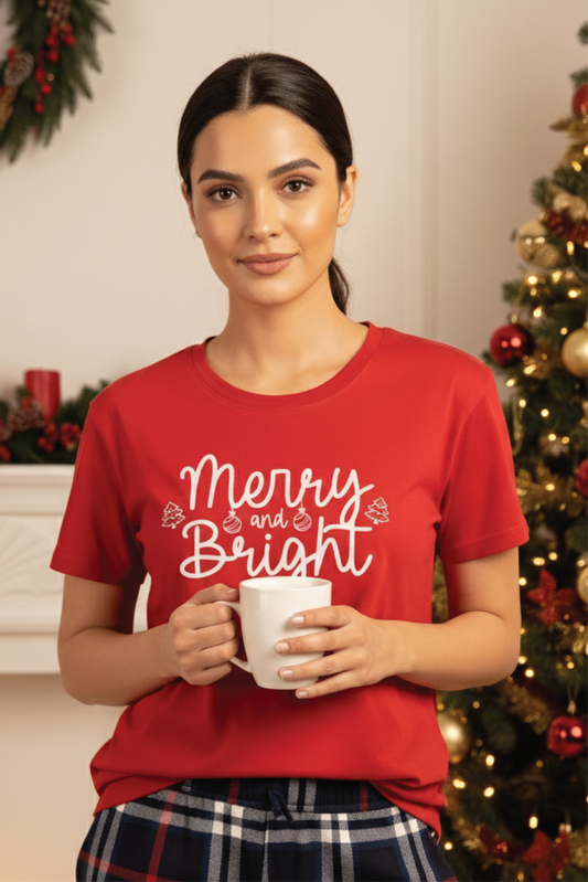 MERRY & BRIGHT LADIES COTTON CHRISTMAS SHORT SLEEVE PANT SET