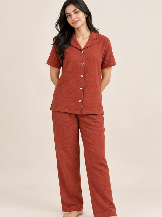 CHOCOLATE LADIES FRONT OPEN SHORT SLEEVE PANT SET