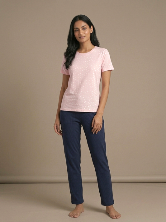 PINK POLKA DOT LADIES SHORT SLEEVE PANT SET