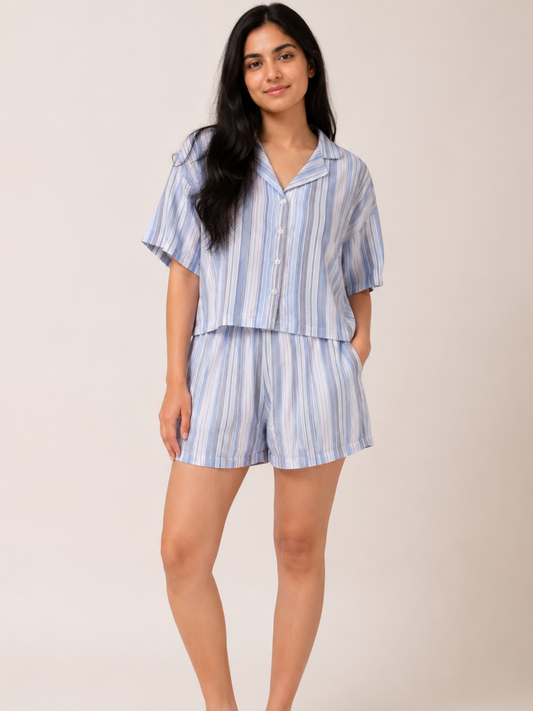 BLUE STRIPE LADIES FRONT OPEN SHORT SLEEVE SHORT SET - WOMEN - COTTON - SEDA