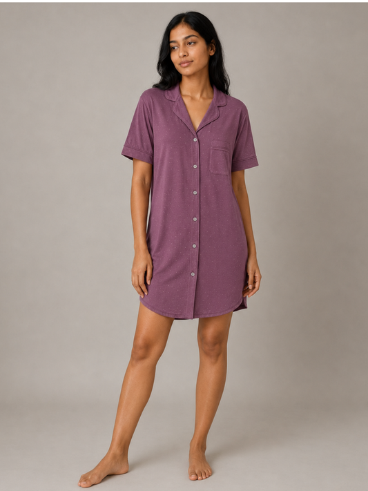 AIRSOFT MODAL PURPLE FRONT OPEN SHORT SLEEVE DRESS