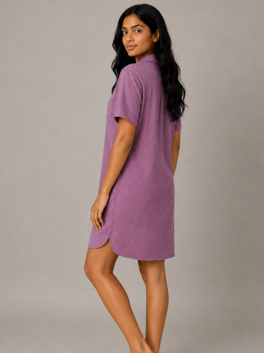 AIRSOFT MODAL PURPLE FRONT OPEN SHORT SLEEVE DRESS