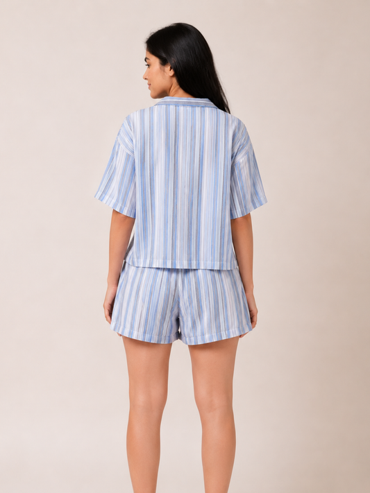 BLUE STRIPE LADIES FRONT OPEN SHORT SLEEVE SHORT SET - WOMEN - COTTON - SEDA