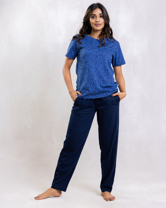 COTTON BLUE LEOPARD LOUNGE SET