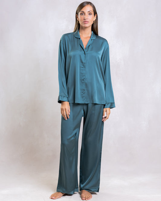 TEAL LADIES SATIN LONG SLEEVE PANT SET