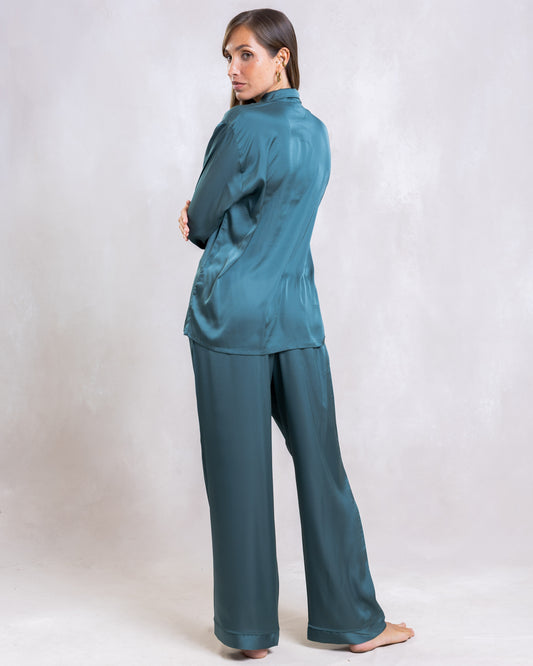 TEAL LADIES SATIN LONG SLEEVE PANT SET