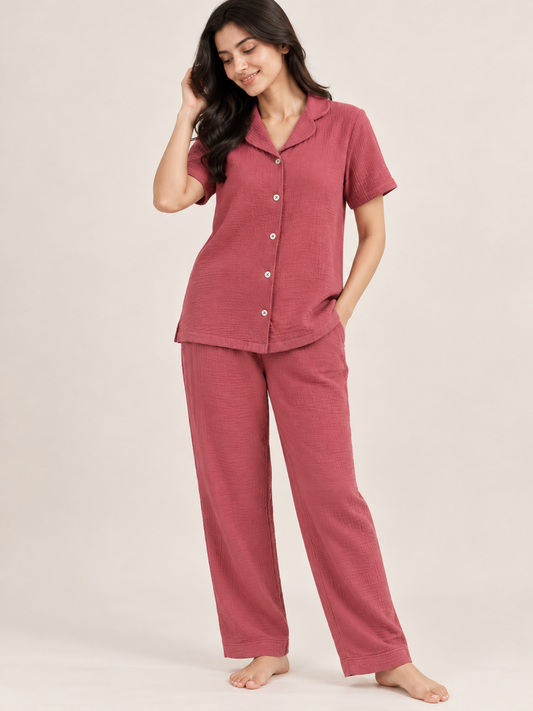 MAROON LADIES FRONT OPEN SHORT SLEEVE PANT SET