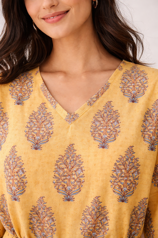 YELLOW FLORAL LADIES WOVEN KAFTAN