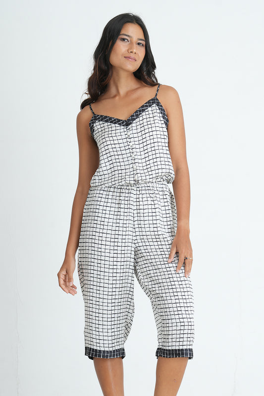 BLACK AND WHITE CHECK SATIN CAMI JUMPSUIT