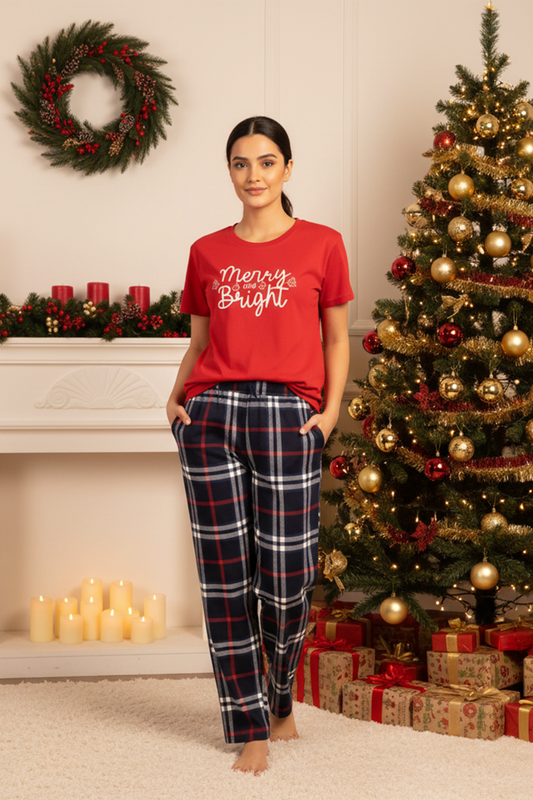 MERRY & BRIGHT LADIES COTTON CHRISTMAS SHORT SLEEVE PANT SET