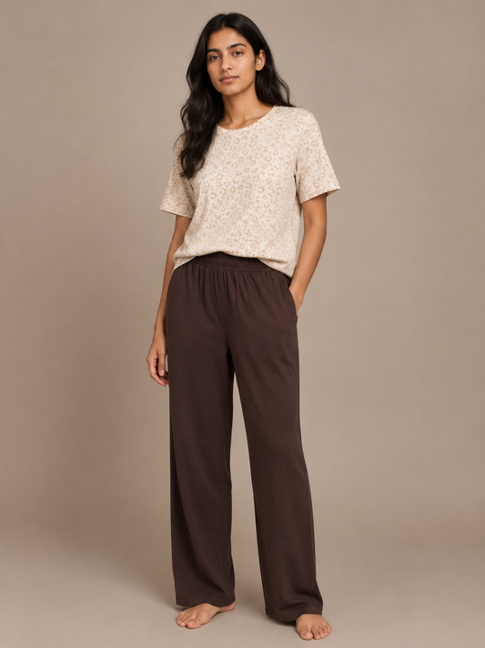 BROWN LEOPARD LADIES SHORT SLEEVE PANT SET