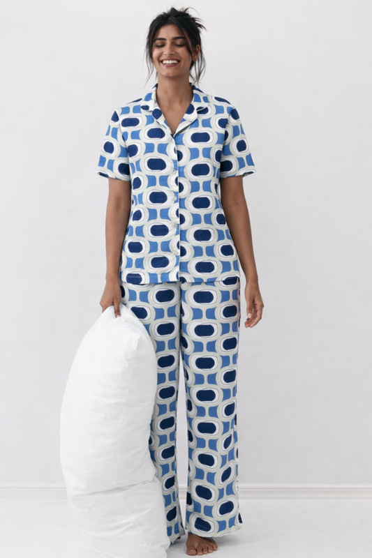 GEOMETRIC BLUE LADIES FRONT OPEN SHORT SLEEVE PANT SET