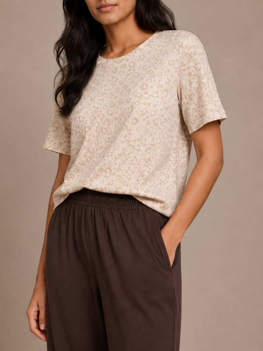 BROWN LEOPARD LADIES SHORT SLEEVE PANT SET