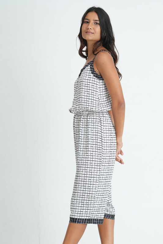 BLACK AND WHITE CHECK SATIN CAMI JUMPSUIT