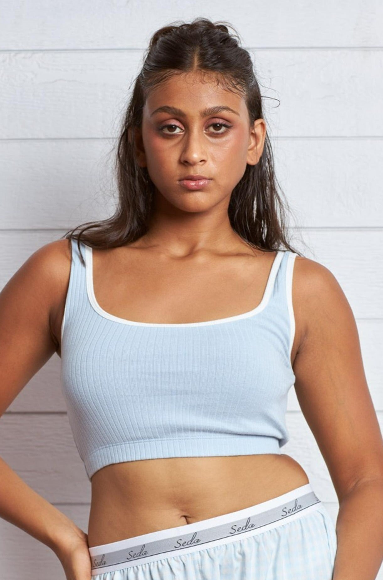 Soft Blue Ribbed Thin Strap Crop Top with White Binding - Front View