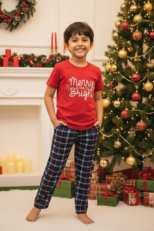 MERRY & BRIGHT KIDS UNISEX CHRISTMAS SHORT SLEEVE PANT SET