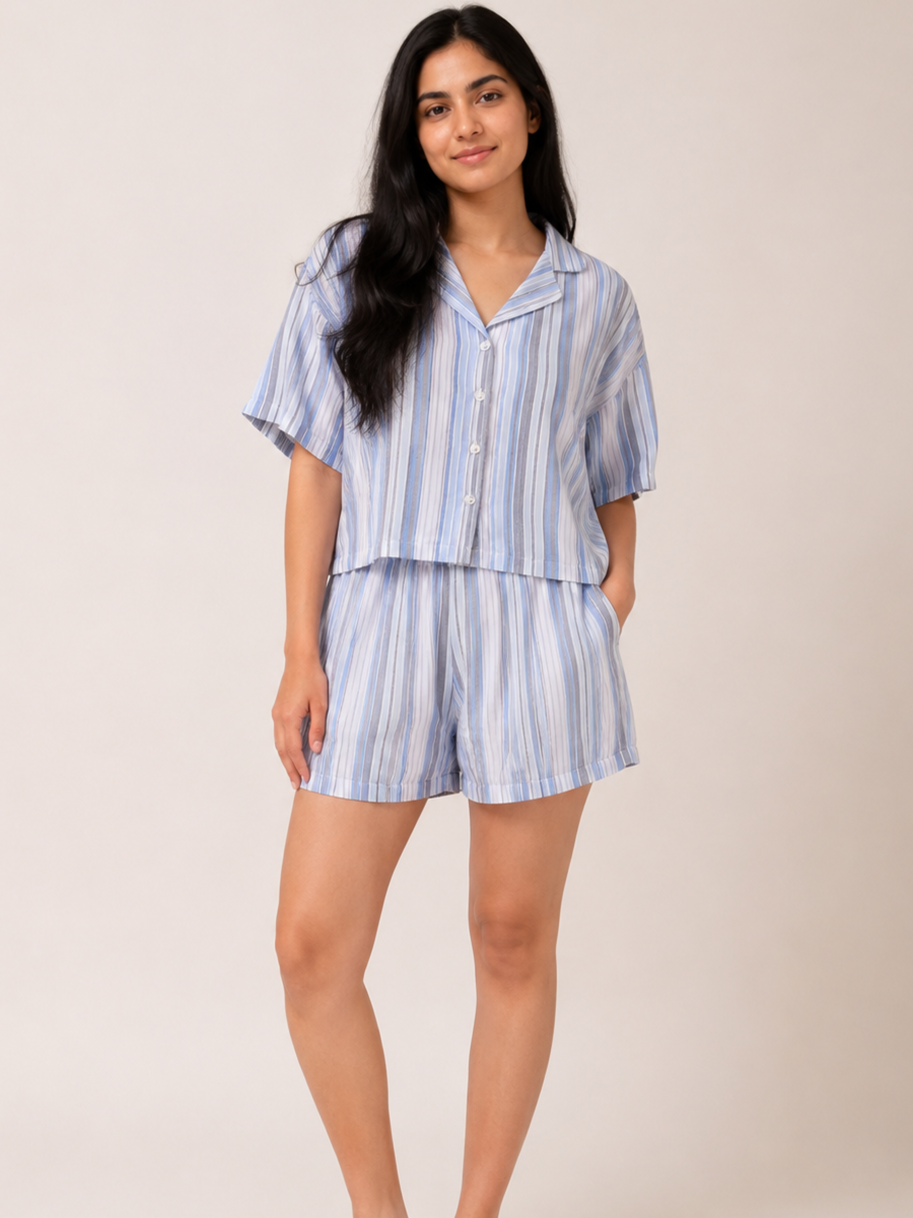 BLUE STRIPE LADIES FRONT OPEN SHORT SLEEVE SHORT SET - WOMEN - COTTON - SEDA