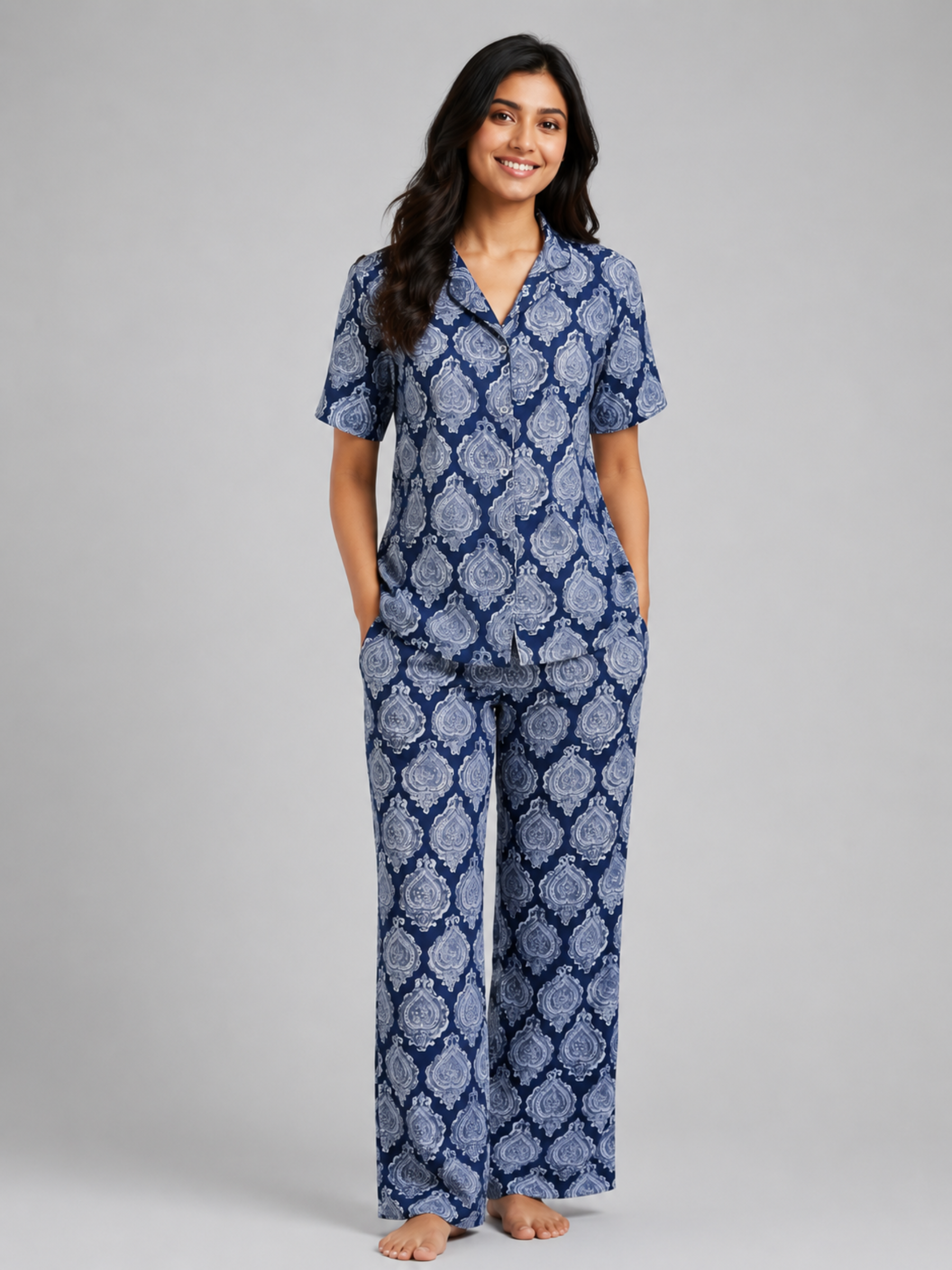BLUE MOSAIC LADIES FRONT OPEN SHORT SLEEVE PANT SET - WOMEN - COTTON - SEDA