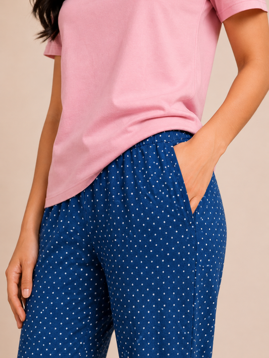 PINK BLUE DOT AOP LADIES SHORT SLEEVE PANT SET