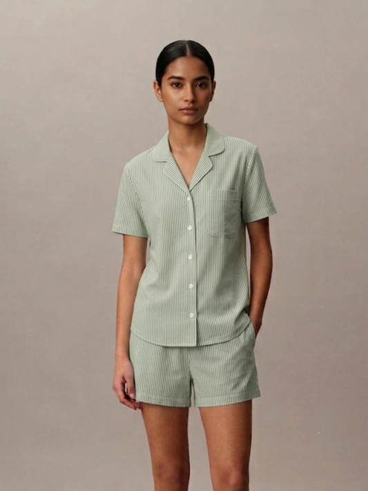 GREEN STRIPE LADIES FRONT OPEN SHORT SLEEVE SHORT SET