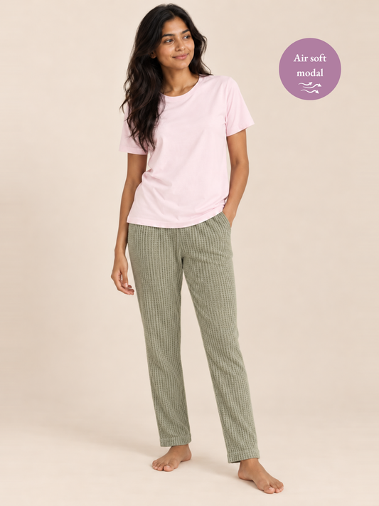 AIRSOFT MODAL SAGE WAFFLE LADIES SHORT SLEEVE PANT SET