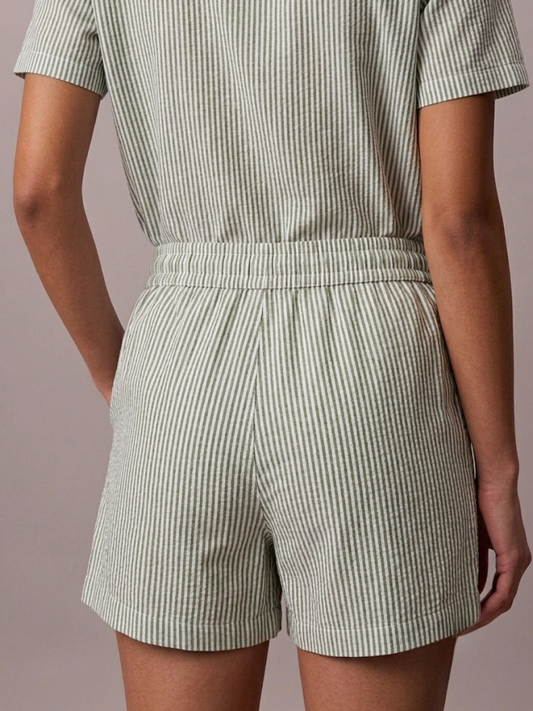 GREEN STRIPE LADIES FRONT OPEN SHORT SLEEVE SHORT SET