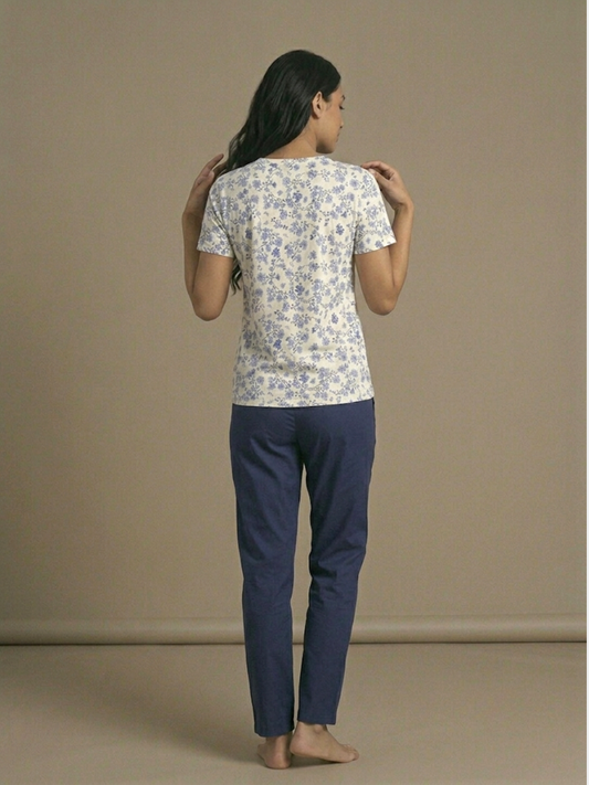 BLUE FLORAL LADIES SHORT SLEEVE PANT SET