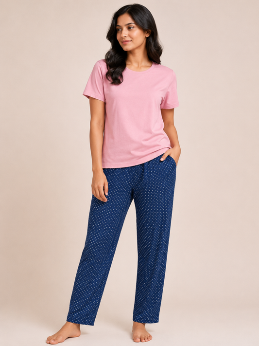 PINK BLUE DOT AOP LADIES SHORT SLEEVE PANT SET