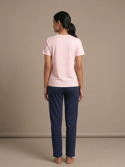 PINK POLKA DOT LADIES SHORT SLEEVE PANT SET