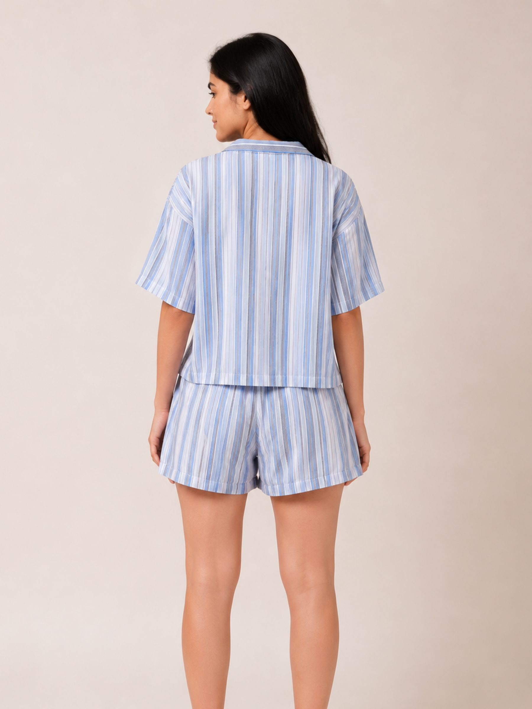 BLUE STRIPE LADIES FRONT OPEN SHORT SLEEVE SHORT SET - WOMEN - COTTON - SEDA