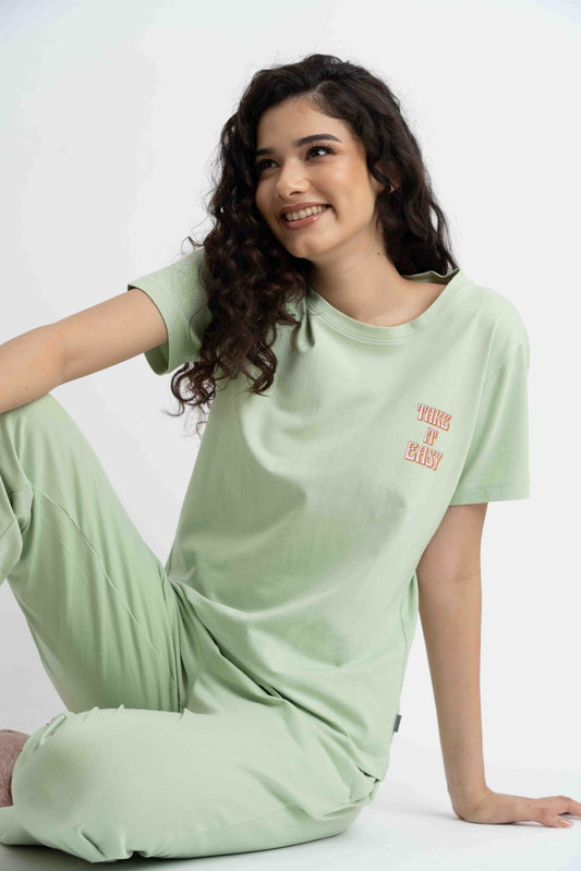 EASY PJ SET - Jersey Fabric Pajama Top with Crew Neckline & Long Pants