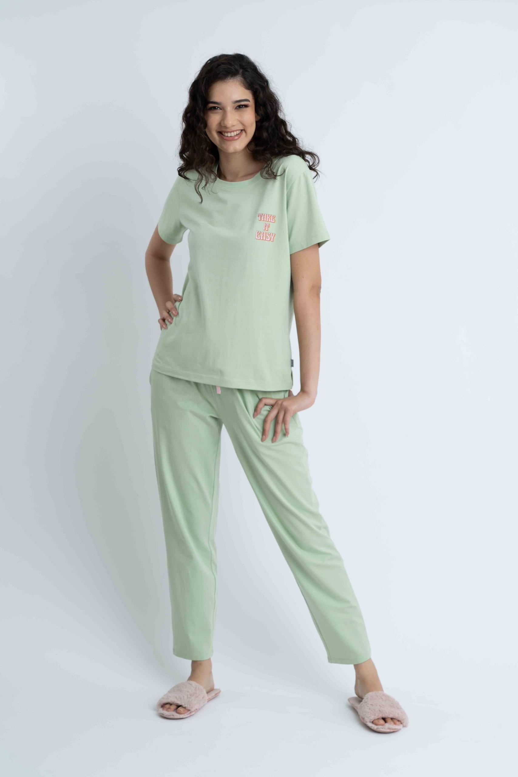 EASY PJ SET - Jersey Fabric Pajama Top with Crew Neckline & Long Pants