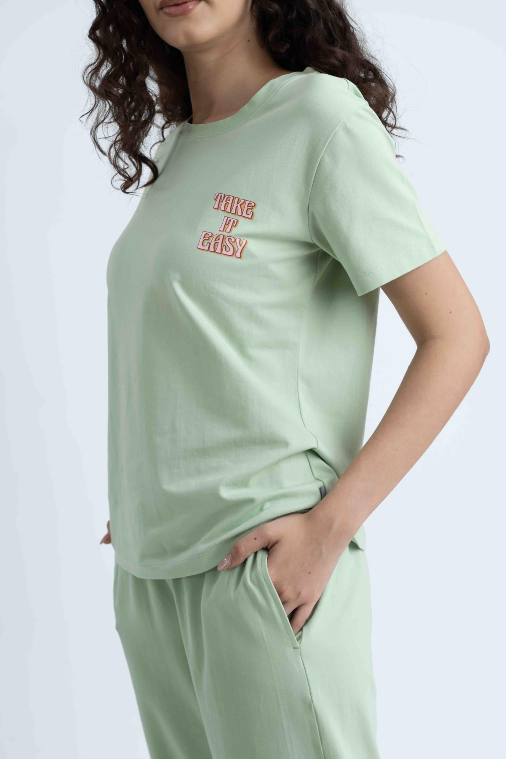 EASY PJ SET - Jersey Fabric Pajama Top with Crew Neckline & Long Pants