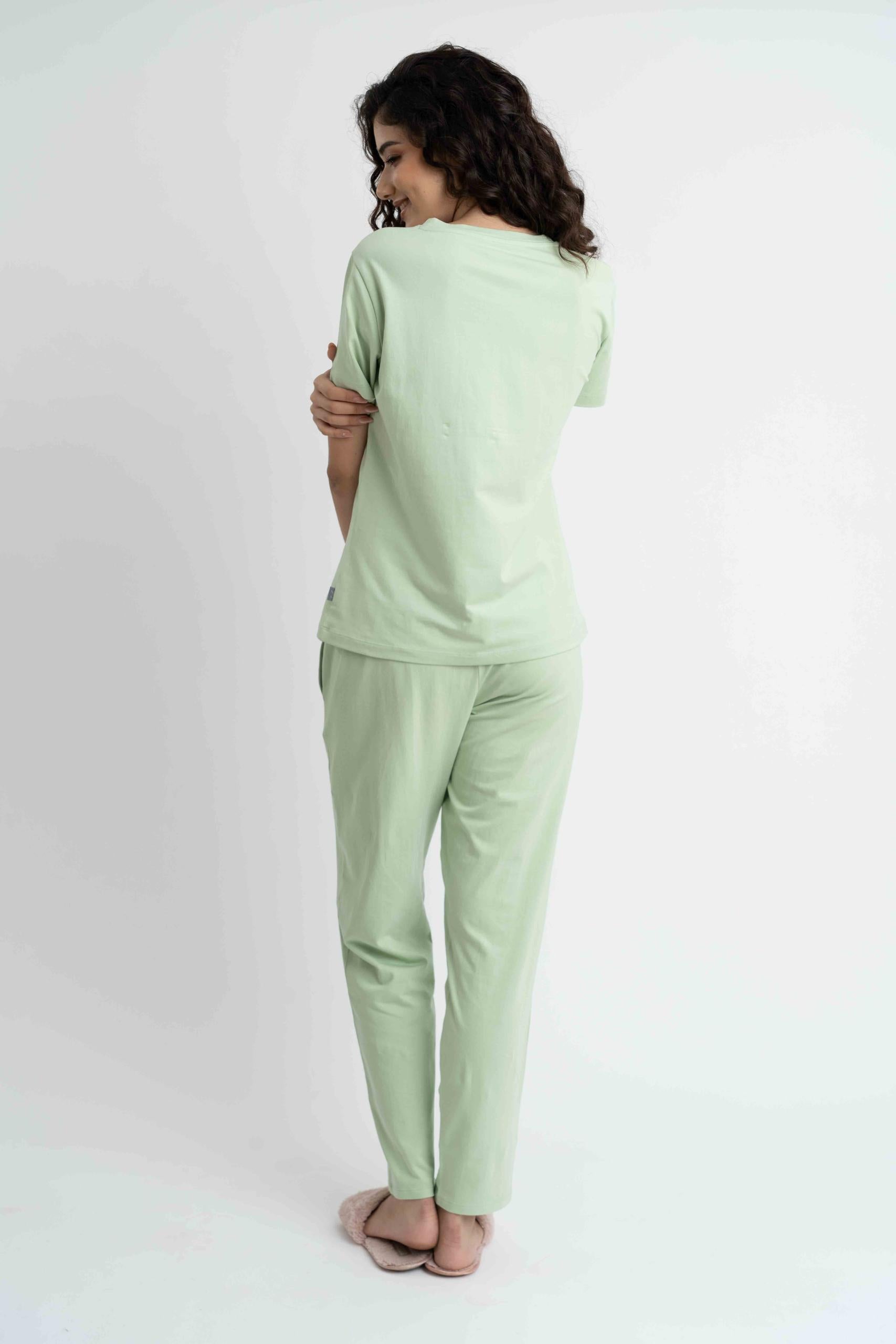 EASY PJ SET - Jersey Fabric Pajama Top with Crew Neckline & Long Pants