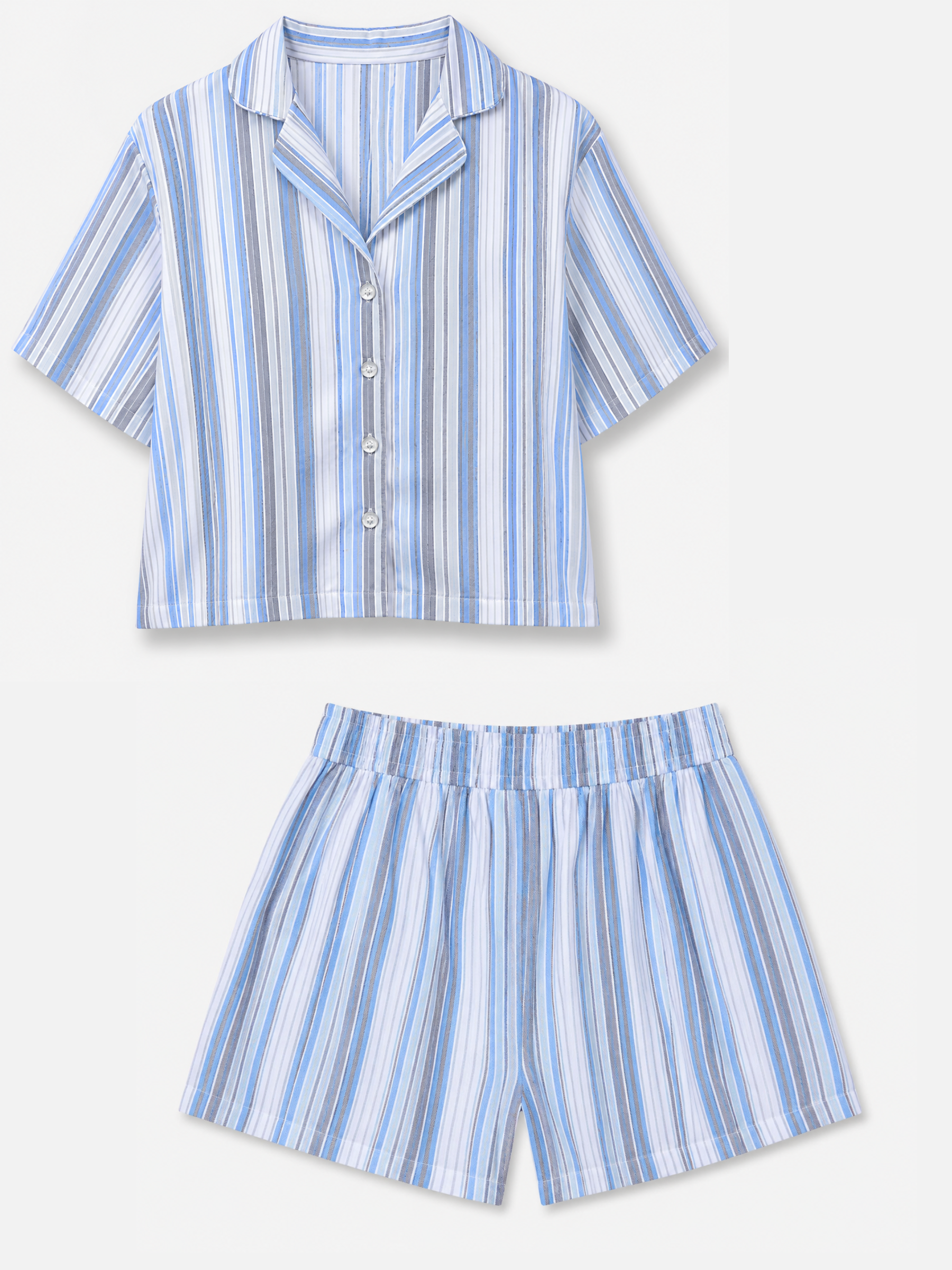 BLUE STRIPE LADIES FRONT OPEN SHORT SLEEVE SHORT SET - WOMEN - COTTON - SEDA