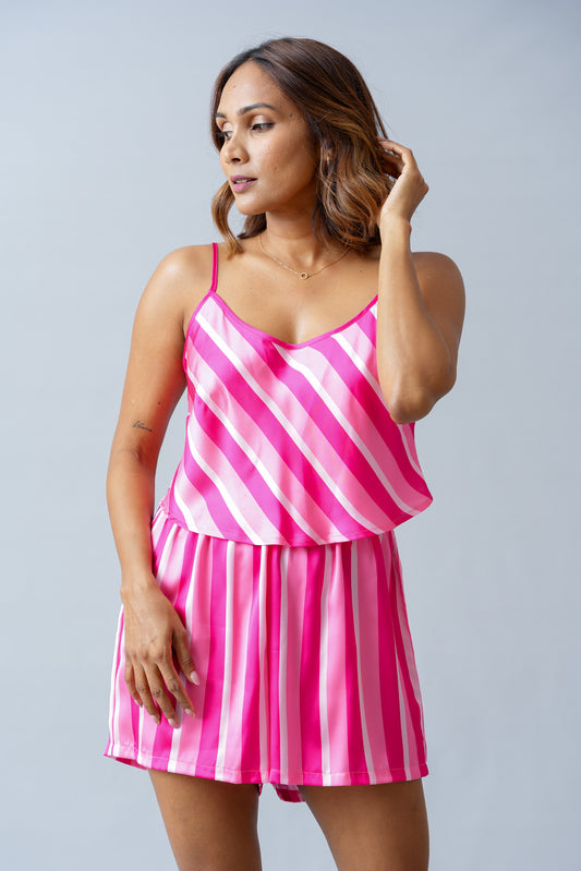 CHARLOTTE CANDY STRIPE SATIN CAMI SHORT SET