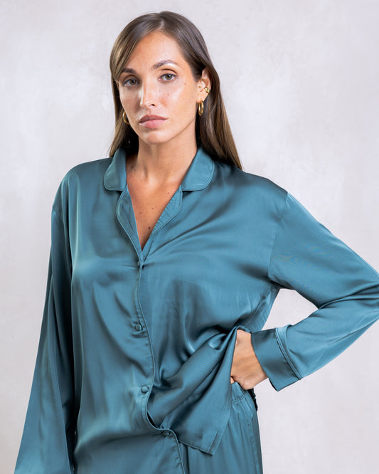 TEAL LADIES SATIN LONG SLEEVE PANT SET