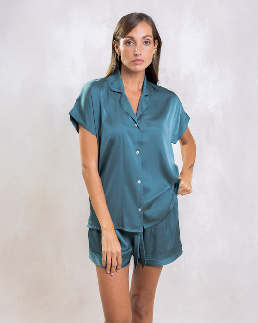 TEAL LADIES SATIN SHORT SLEEVE SHORT SET