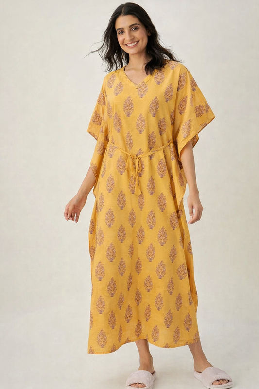 YELLOW FLORAL LADIES WOVEN KAFTAN