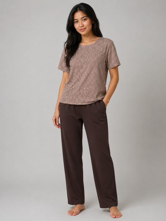 BROWN LEOPARD LADIES SHORT SLEEVE PANT SET