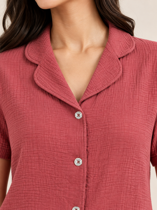 MAROON LADIES FRONT OPEN SHORT SLEEVE PANT SET